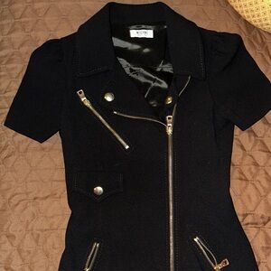 Moschino Black Short-Sleeve Asymmetrical Zip Jacket with Gold Hardware